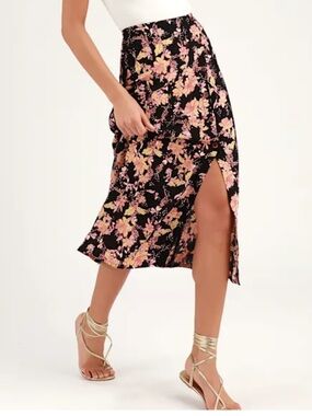 Free People Black Midi Skirt with Pink & Yellow Floral Print